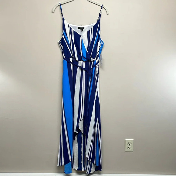 NWT a.n.a. Striped Blue White High Low V-neck Spaghetti Strap Dress 14 - Picture 1 of 15
